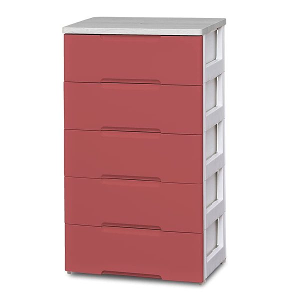 Iris Ohyama Chest 5 Tiers Wooden Top Plate Plastic Finished Product Storage Case Width 56 x Depth 41.5 x Height 100 cm Drawer Wood Top Chest HG-555R Smoky Red White Online